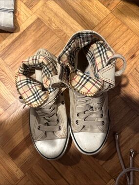 Beige High-Top Canvas Sneakers with Plaid Lining